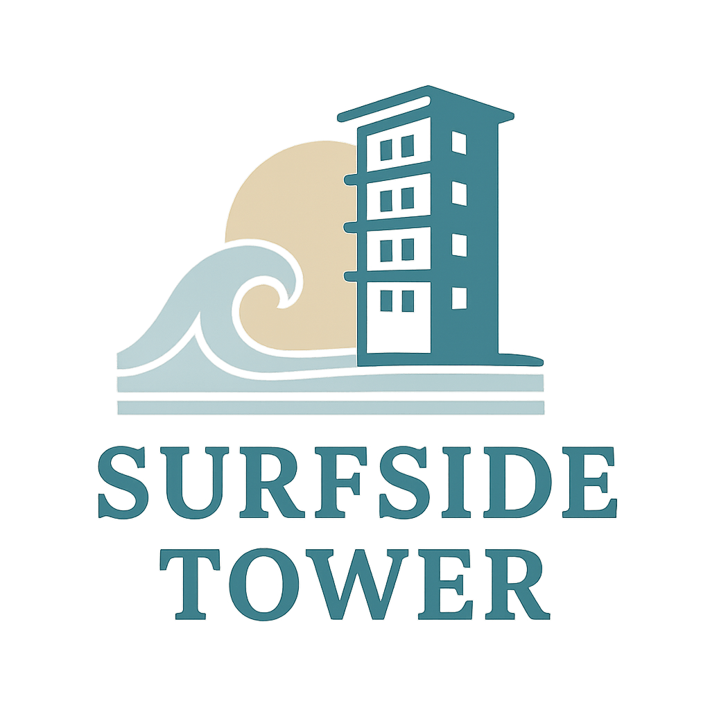 A graphic of a building with the words "SURFSIDE TOWER" in front of a wave.